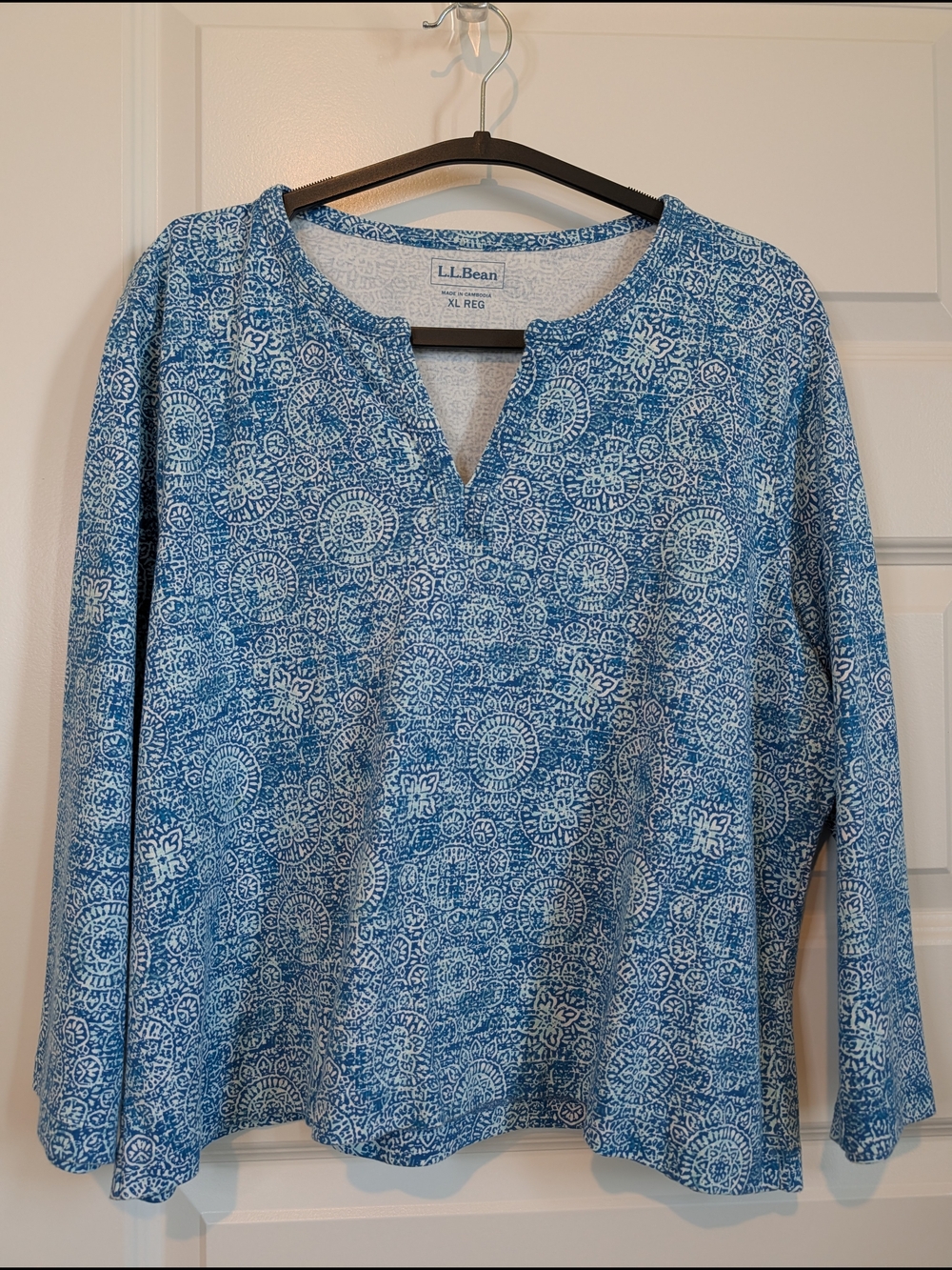 L.L. Bean Blue and White Long Sleeve Split-Neck Tee